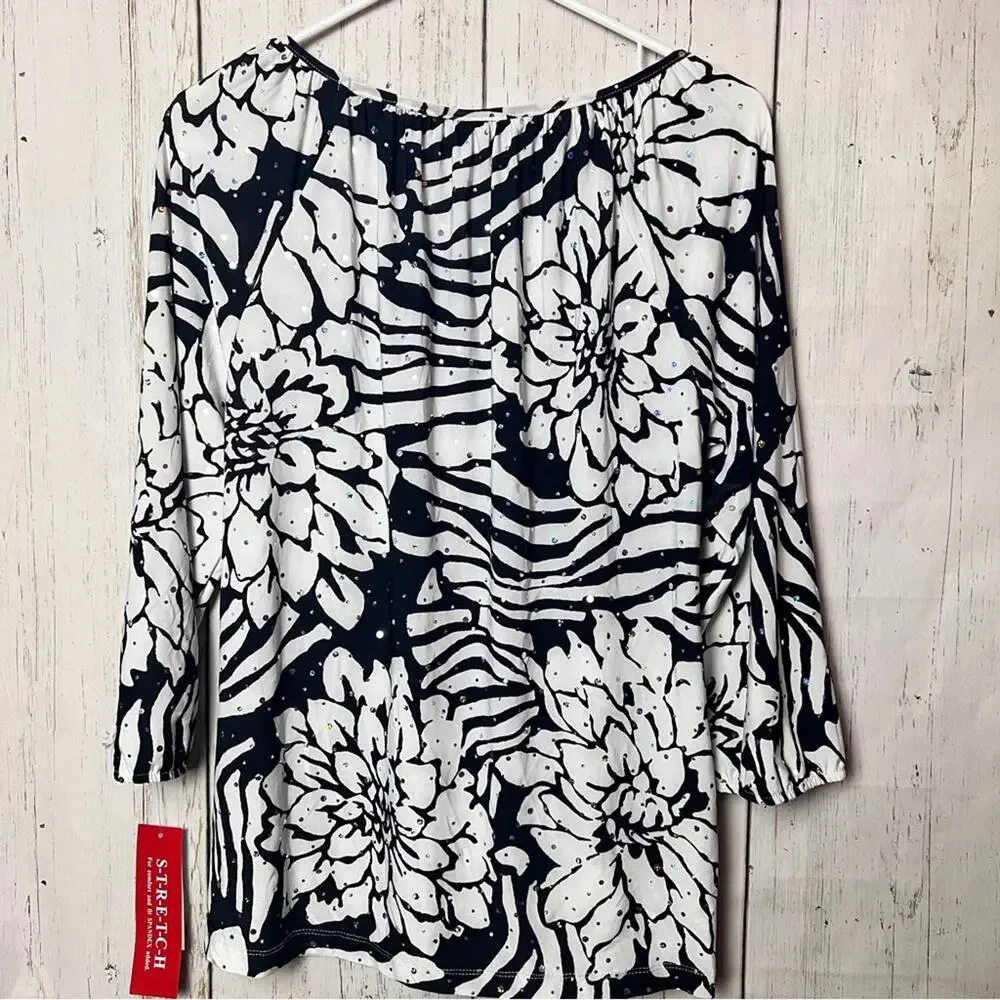 Rebecca Malone Women’s Black and White Shimmer Stretch 3/4 Sleeve Print Blouse